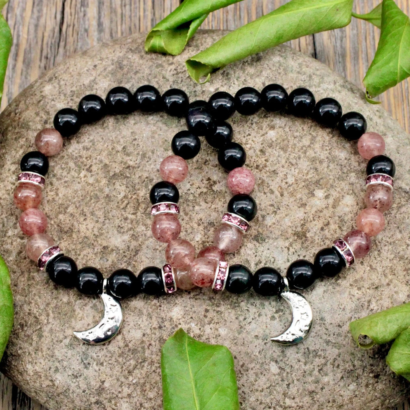 Rainbow Obsidian and Strawberry Quartz Bracelet with Moon Charm