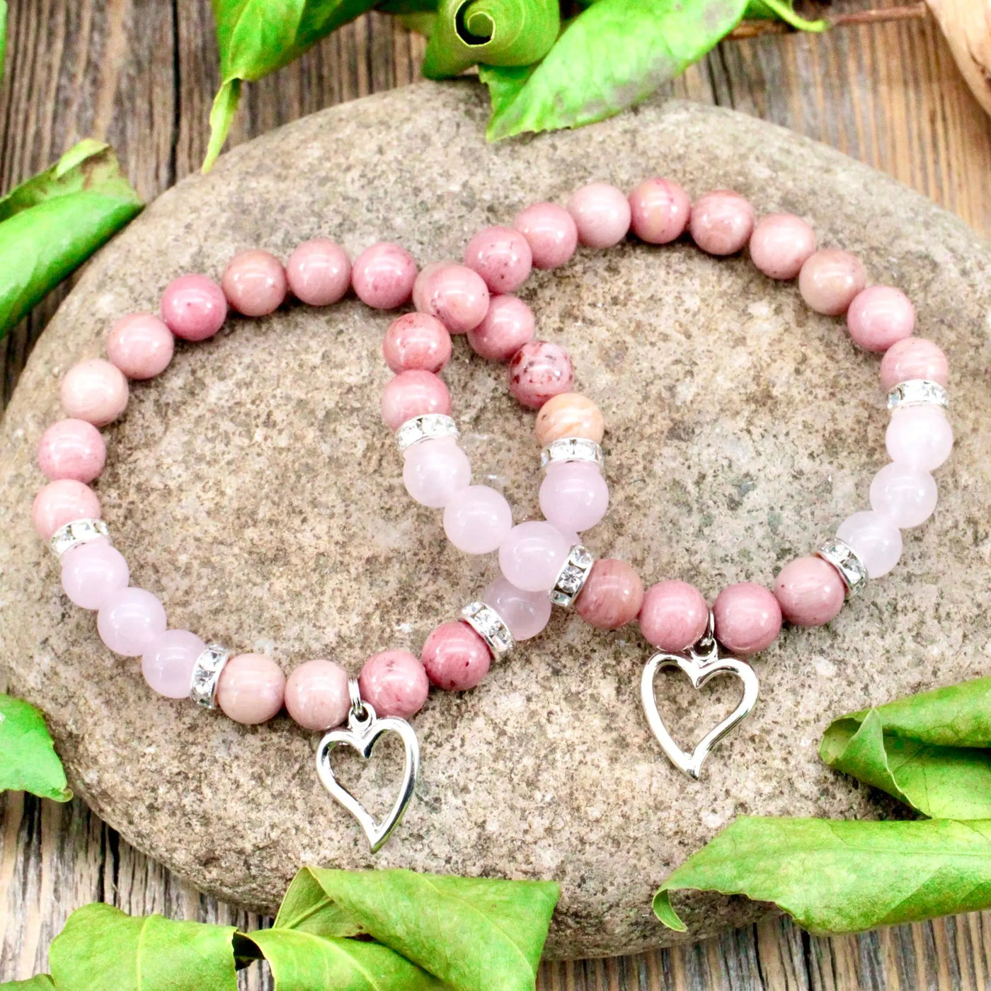 Rose Quartz and Rhodonite Bracelet with Heart Charm - 8mm