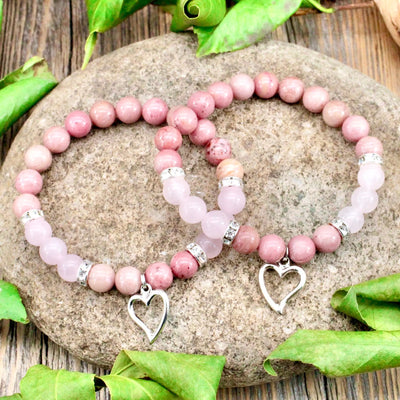 Rose Quartz and Rhodonite Bracelet with Heart Charm - 8mm