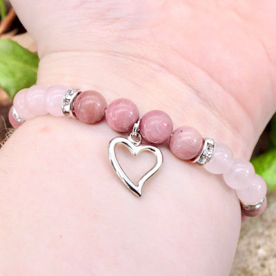 Rose Quartz and Rhodonite Bracelet with Heart Charm - 8mm