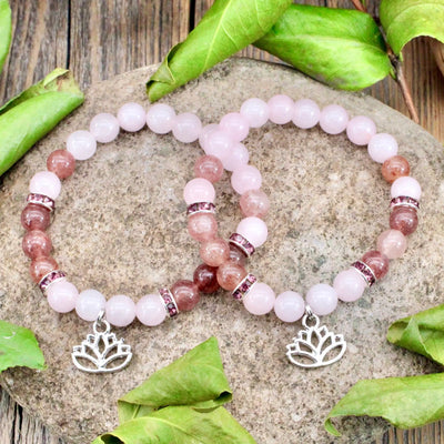 Rose Quartz and Strawberry Quartz Bracelet with Lotus Charm - 8mm