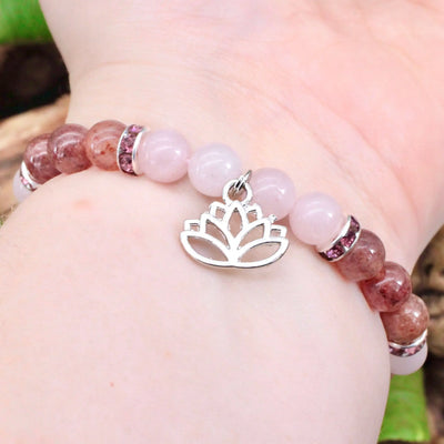 Rose Quartz and Strawberry Quartz Bracelet with Lotus Charm - 8mm