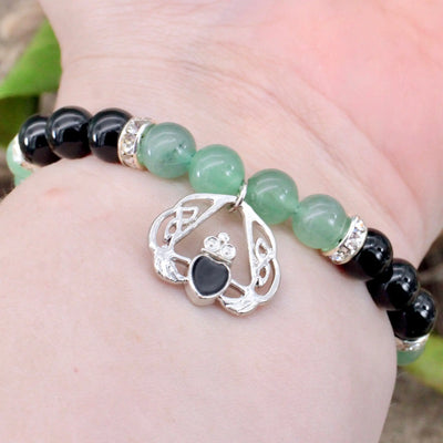 Green Aventurine and Onyx Bracelet with Claddagh Charm - 8mm