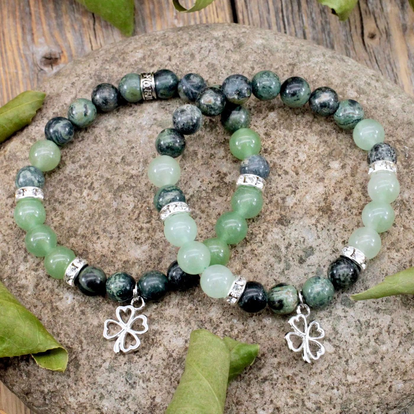 Kambaba Jasper and Green Aventurine Bracelet with Clover Charm - 8mm