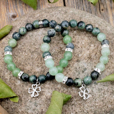 Kambaba Jasper and Green Aventurine Bracelet with Clover Charm - 8mm