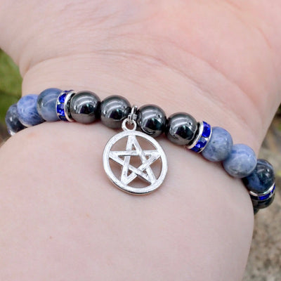 Hematite and Sodalite Bracelet with Pentacle Charm - 8mm