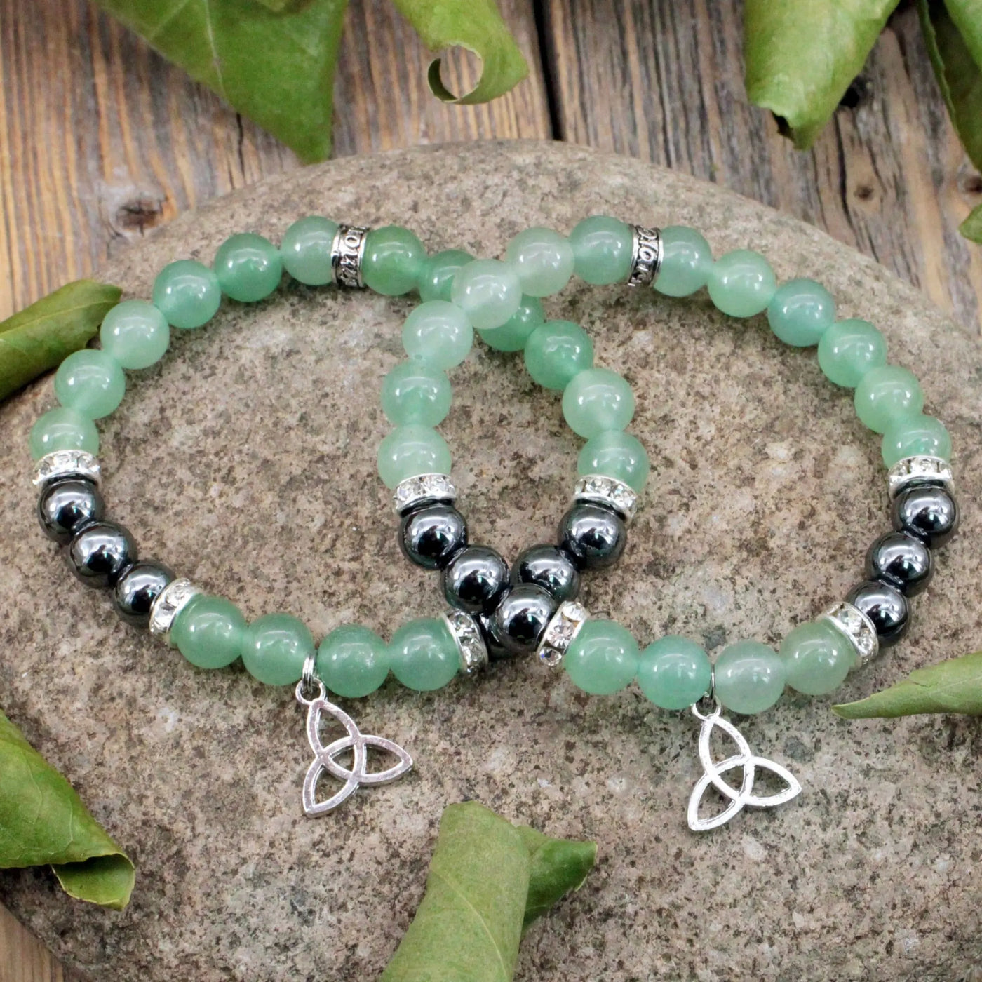 Green Aventurine and Hematite Bracelet with Triquetra Charm - 8mm