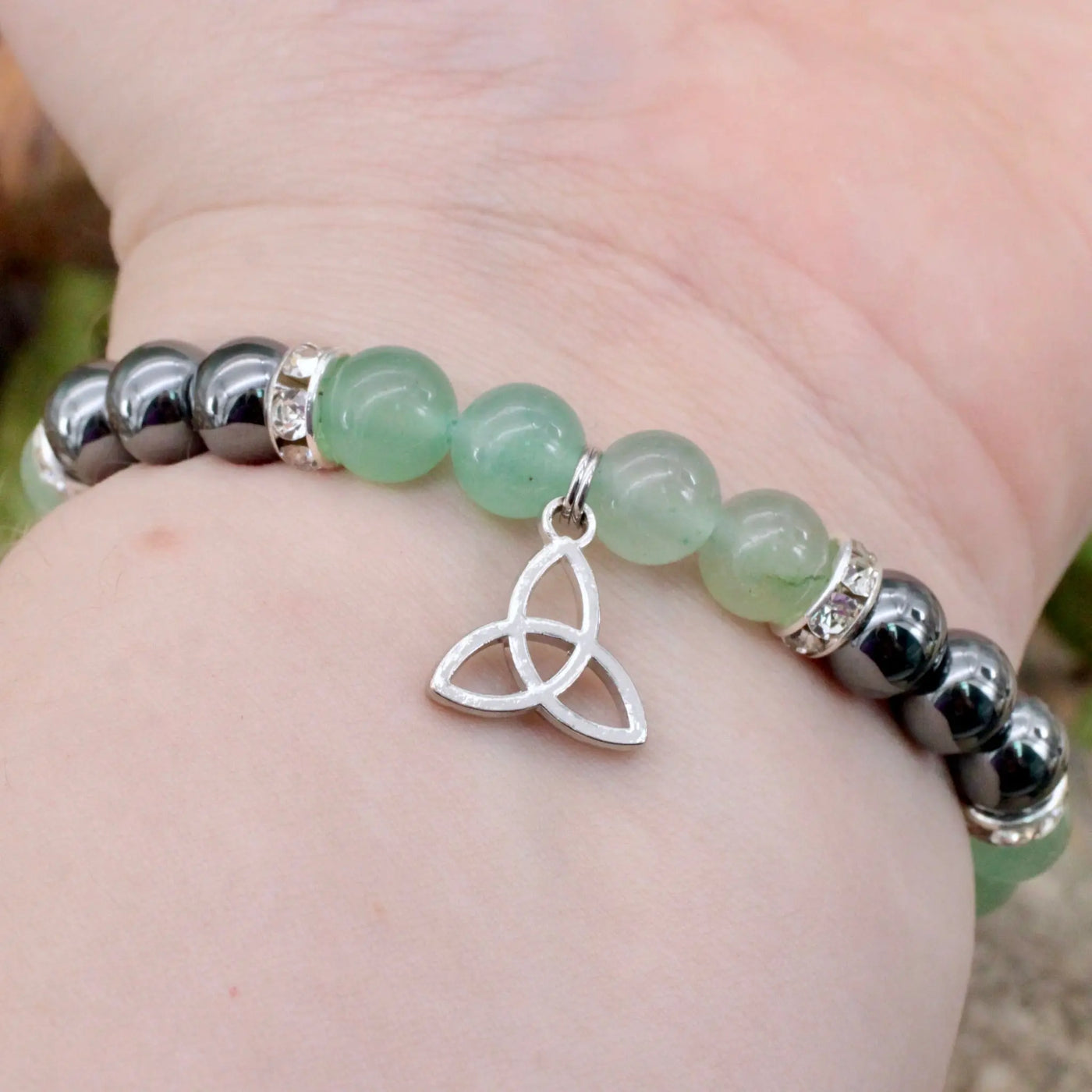 Green Aventurine and Hematite Bracelet with Triquetra Charm - 8mm