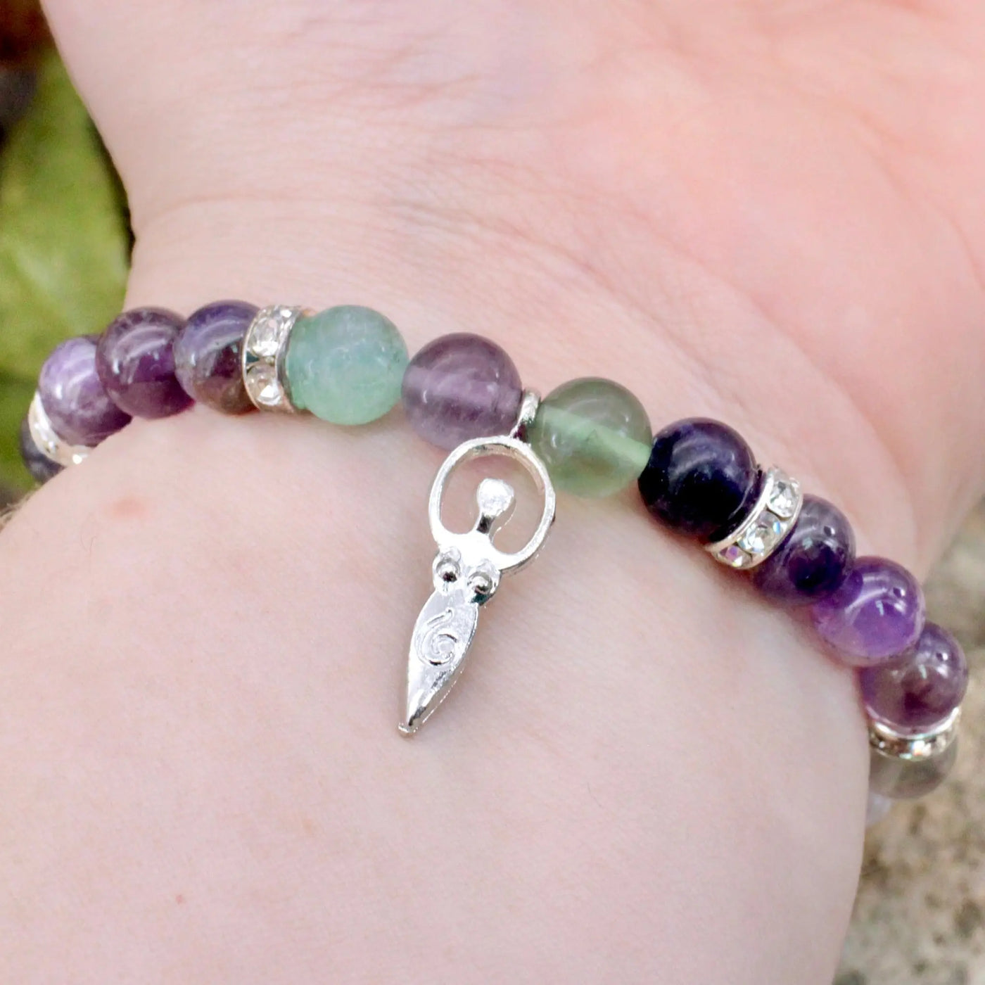 Rainbow Fluorite and Amethyst Bracelet with Goddess Charm - 8mm