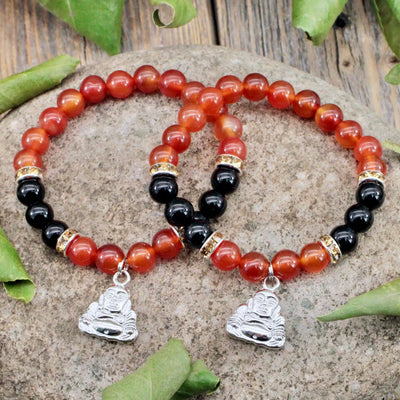 Carnelian and Black Onyx Bracelet with Buddha Charm - 8mm