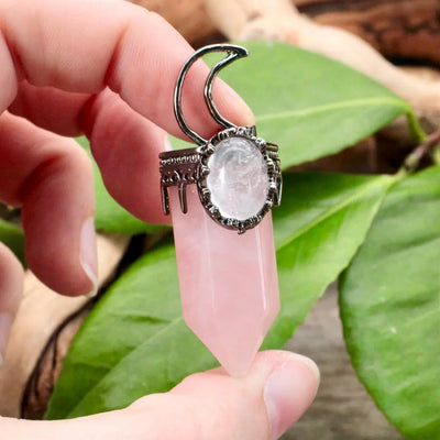 Rose Quartz Point With Quartz And Moon Pendant