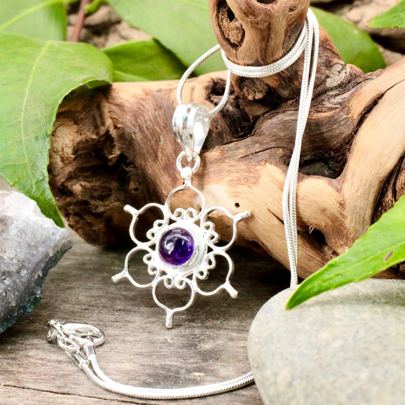 Amethyst In Silver Lotus Pendant