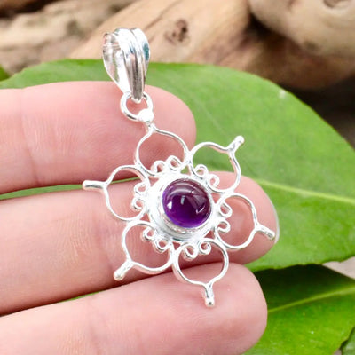 Amethyst In Silver Lotus Pendant