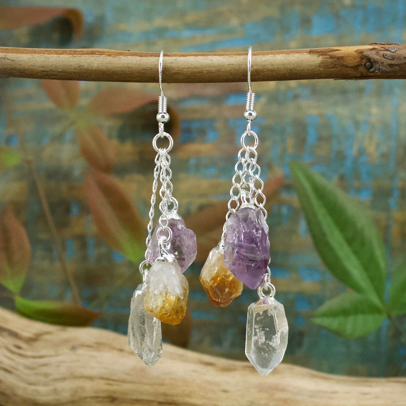 Amethyst, Citrine and Quartz Triple Drop Earrings